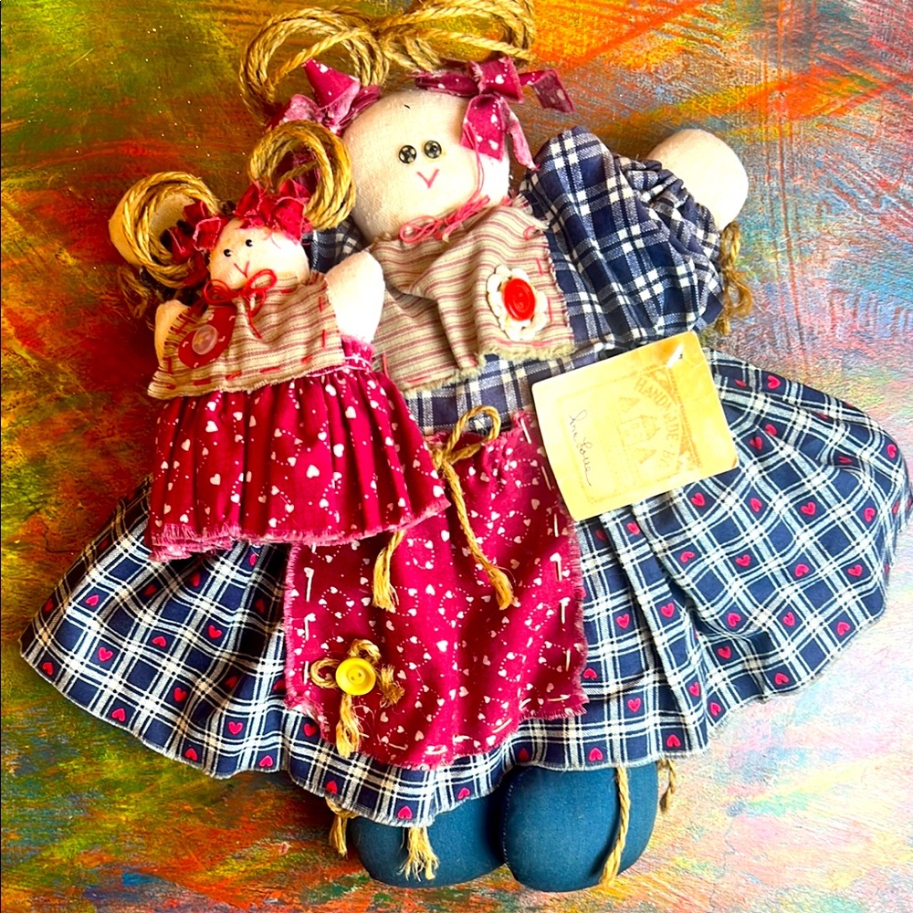 Handmade Doll Vintage Plaid and Red Mother & Baby Set Home Decor Collectable